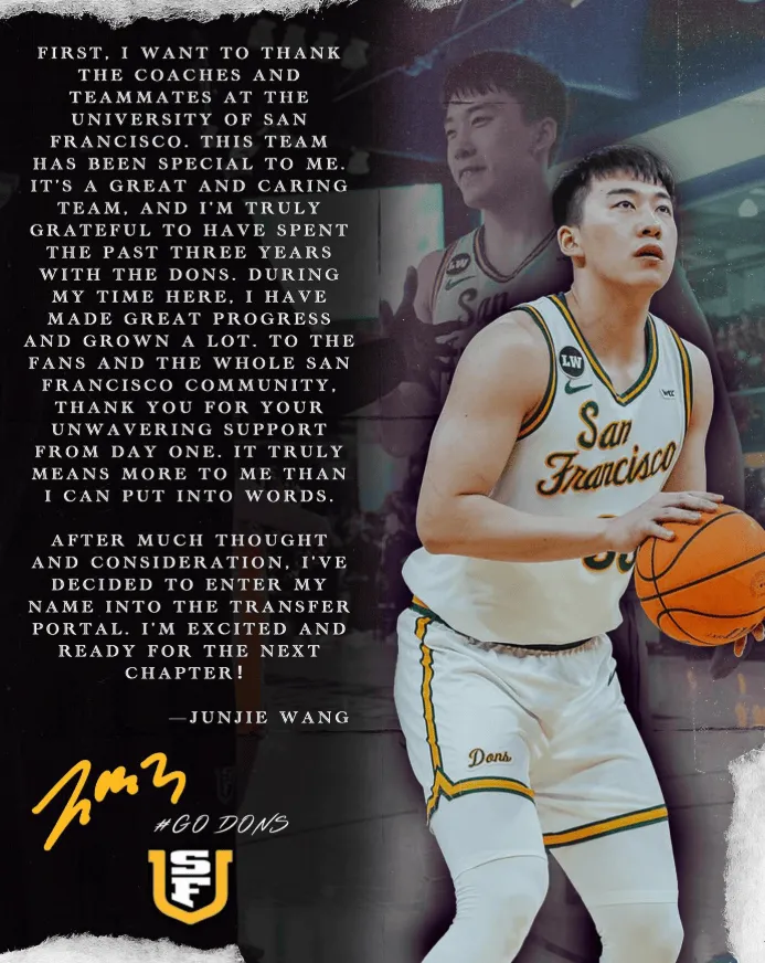 星空体育-王俊杰致谢旧金山大学：感谢旧金山大学的教练和队友们